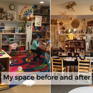 picture of a cluttered daycare space and the tranformation after